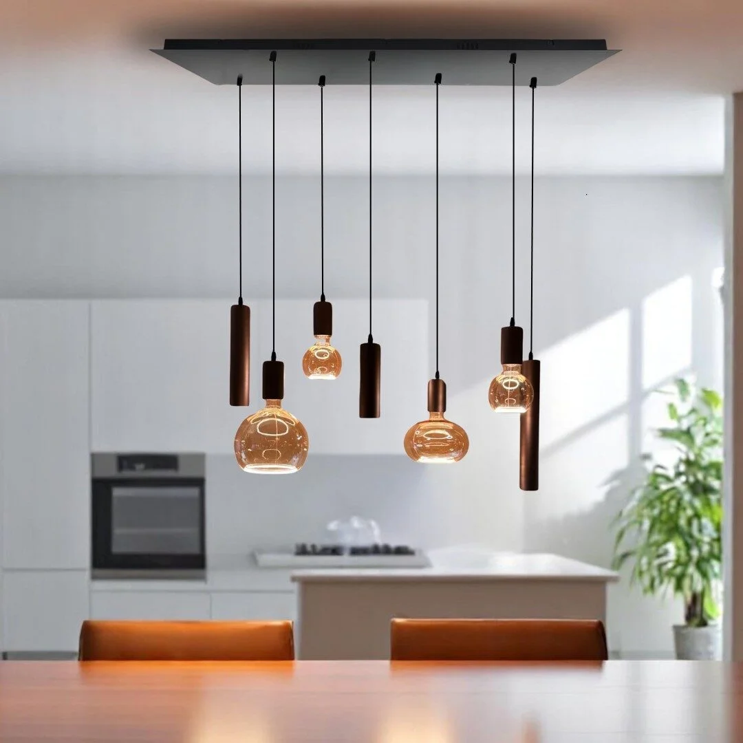 Mix and Match 1 Segula gold met Yora bruin rechthoek 140cm 7-lichts Mix and Match 1 Segula gold met Yora bruin rechthoek 140cm 7-lichts